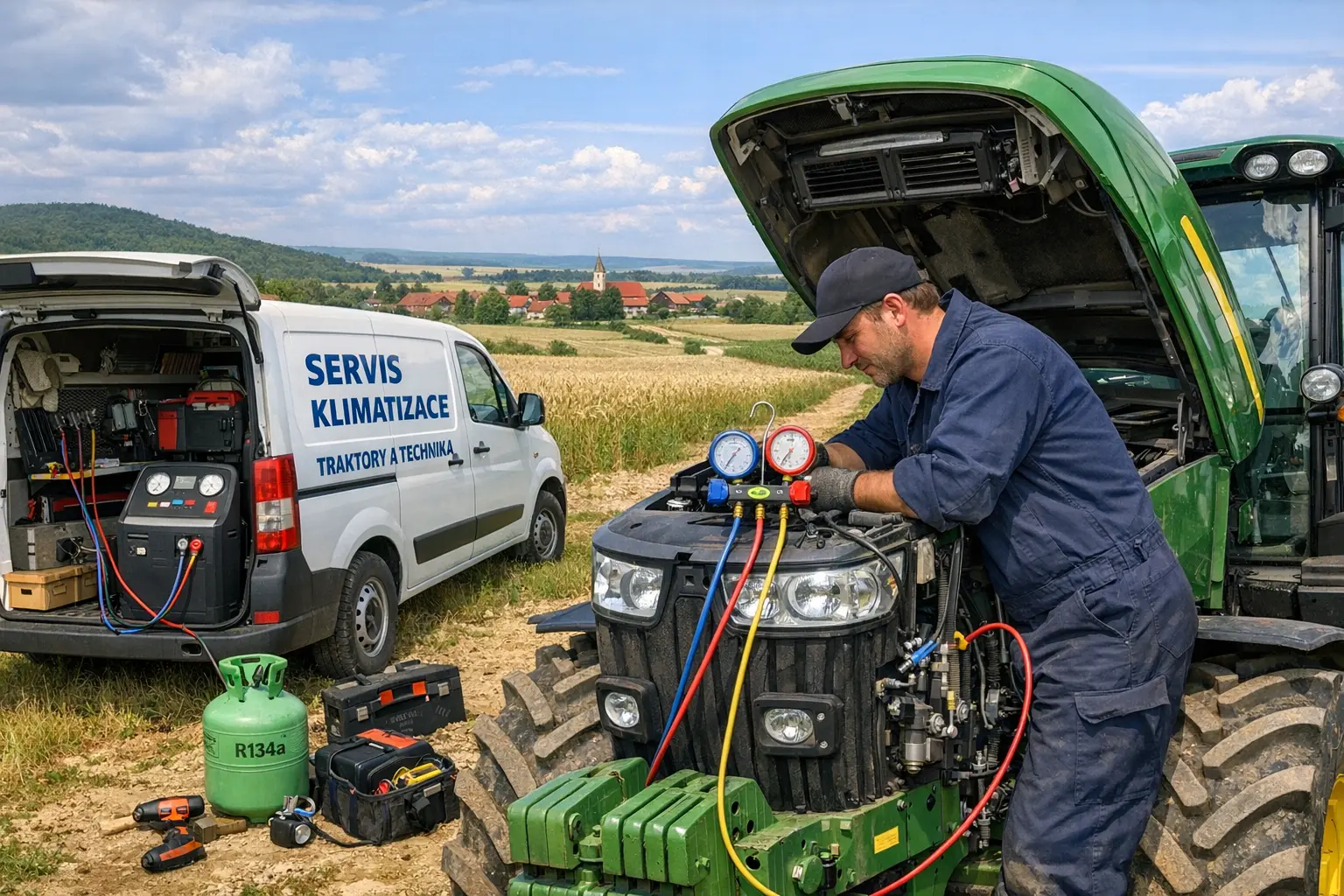 Servis klimatizace traktoru v terénu